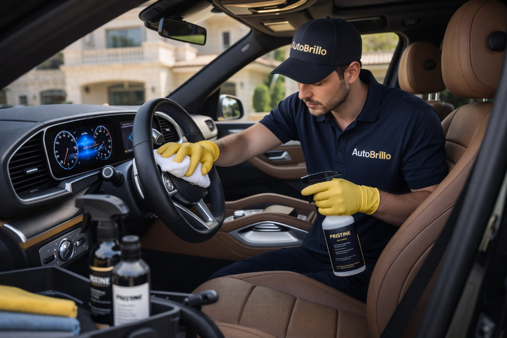 Alejandro limpiando interior de vehículo premium